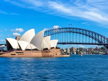 Australia esim price and good quality Sydney Opera House and Sydney Harbour Bridge over blue water under a bright blue sky with white clouds.