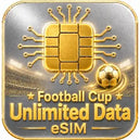 World cup esim Gold and silver eSIM card with football cup design and 'Unlimited Data esim' text