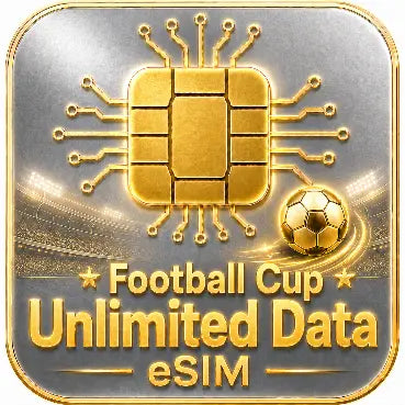 World cup esim Gold and silver eSIM card with football cup design and 'Unlimited Data esim' text