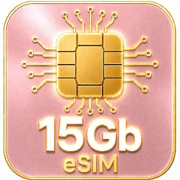 Gold eSIM chip icon with '15Gb eSIM' text on a pink background